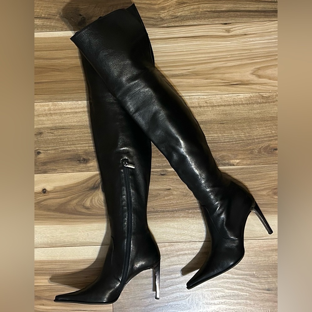 Giuliano Venanzi Luxury Black Leather OTK Over-the-Knee Boots Size 38/8